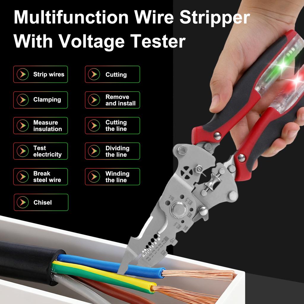 Wire Stripper with Integrated Voltage Tester and Stainless Steel Construction for Electrical Repairs and Wiring
