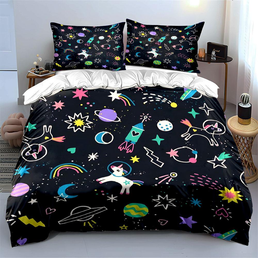 Fantasy Space Unicorns And Stars Print Bedding Set 1 Duvet Cover 2 Pillowcases For Adult And Children Luxury Gift Full Size