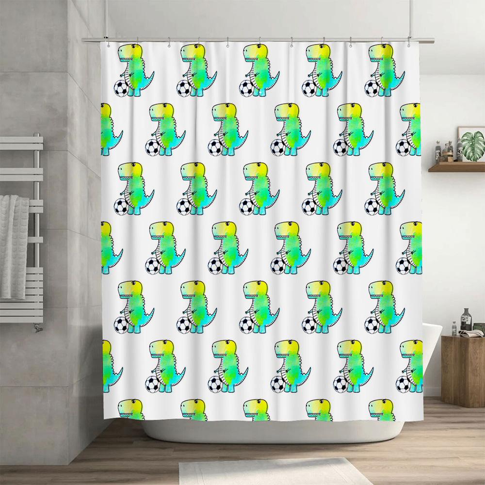 Watercolor Dinosaur-Themed Shower Curtain Set With Soccer Ball Pattern For Bathroom Decor Yellow Green Blue Multicolor Modern De