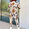 Women Plus Size Cartoon Printed Round Neck Long Sleeve Top Fitted Pants Two Piece Set
