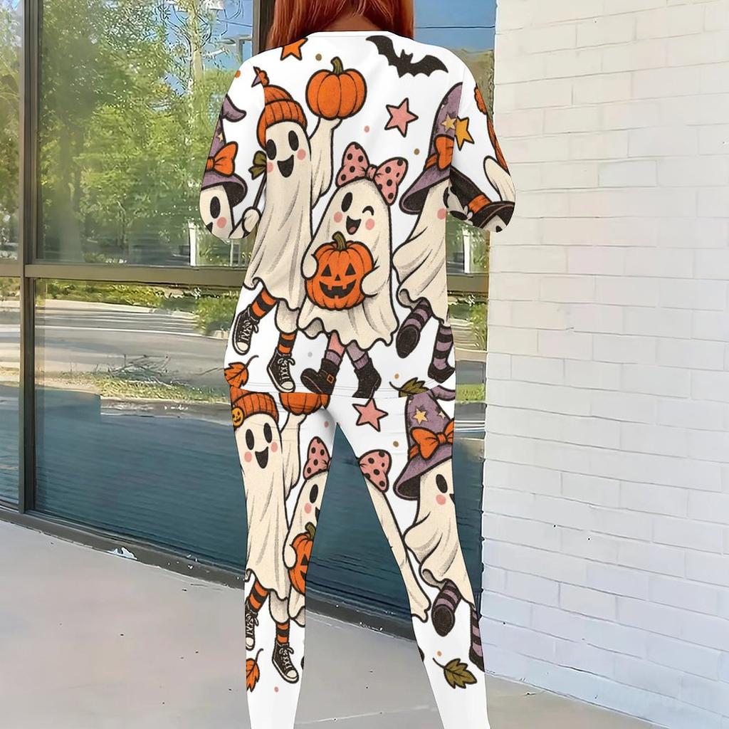 Women Plus Size Cartoon Printed Round Neck Long Sleeve Top Fitted Pants Two Piece Set