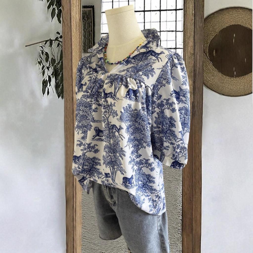 New European and American printed V-neck ruffle edge women's top