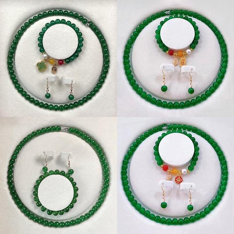 3Pcs Vintage Simple Imitation Jade Necklace Bracelet Earrings Jewelry Set For Women Temperamen Banquet Accessory