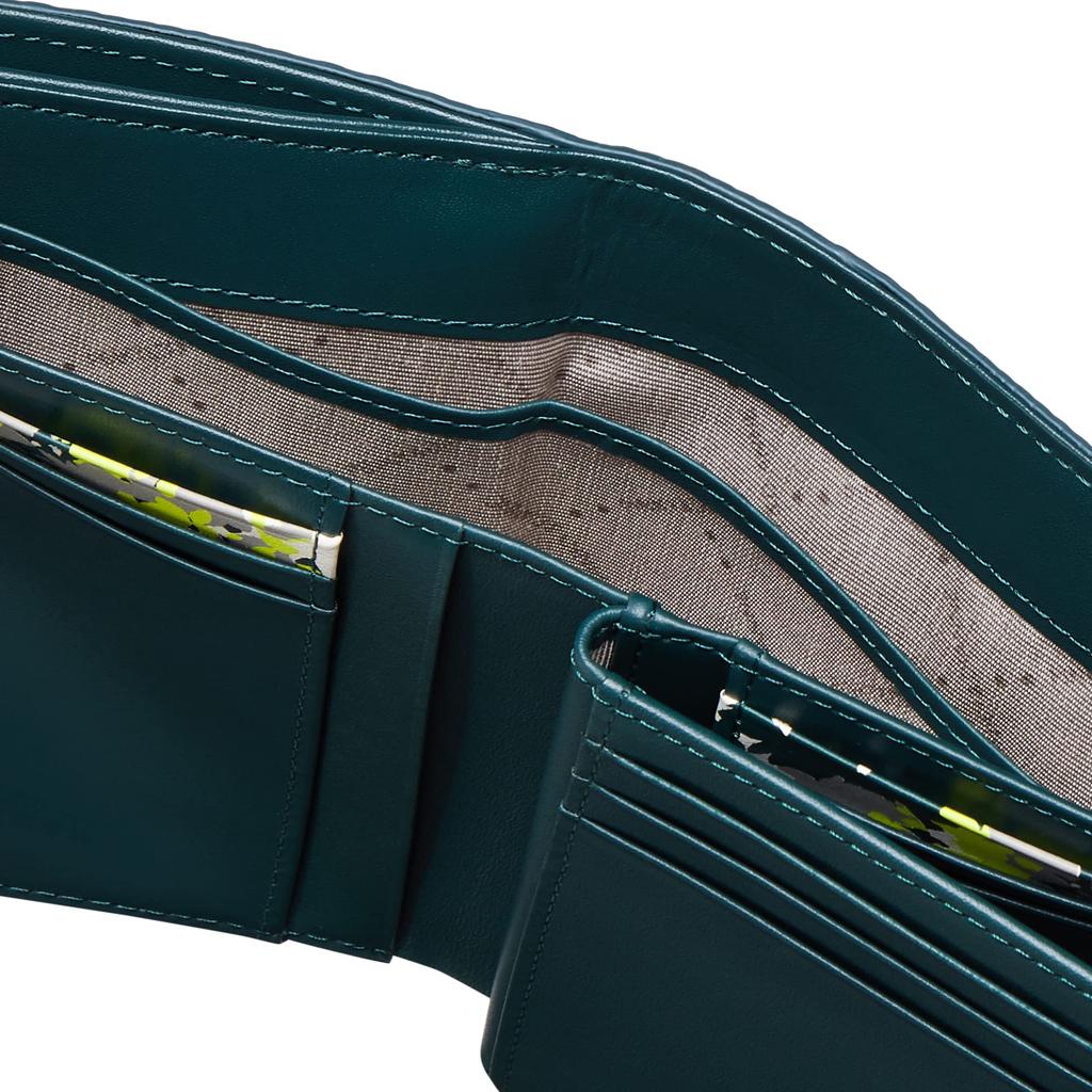 Cowhide embossed slim wallet with logo brooch, green.