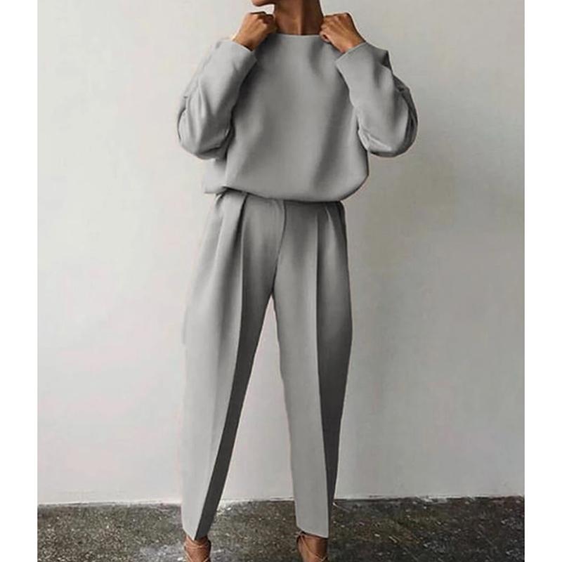 

Женский элегантный однотонный комплект из 2 предметов, повседневный пуловер с круглым вырезом, топы, длинные брюки, костюм, женская мода, свободная одежда, уличная одежда XL серый