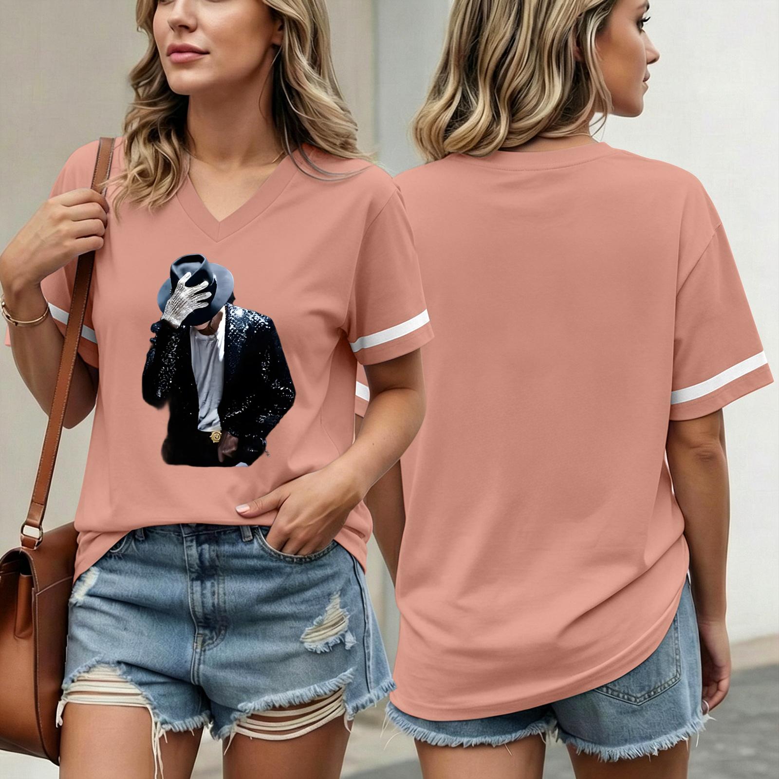 Women s Fashionable Casual Short Sleeved Printed T-Shirt V-neck Top XXL