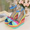 Fashion Plus Size 33-43 Shoes for Women Summer Wedges Sandals Colorful Platform Rainbow Bowknot Hemp Bottom Female Buckle Strap Shoes