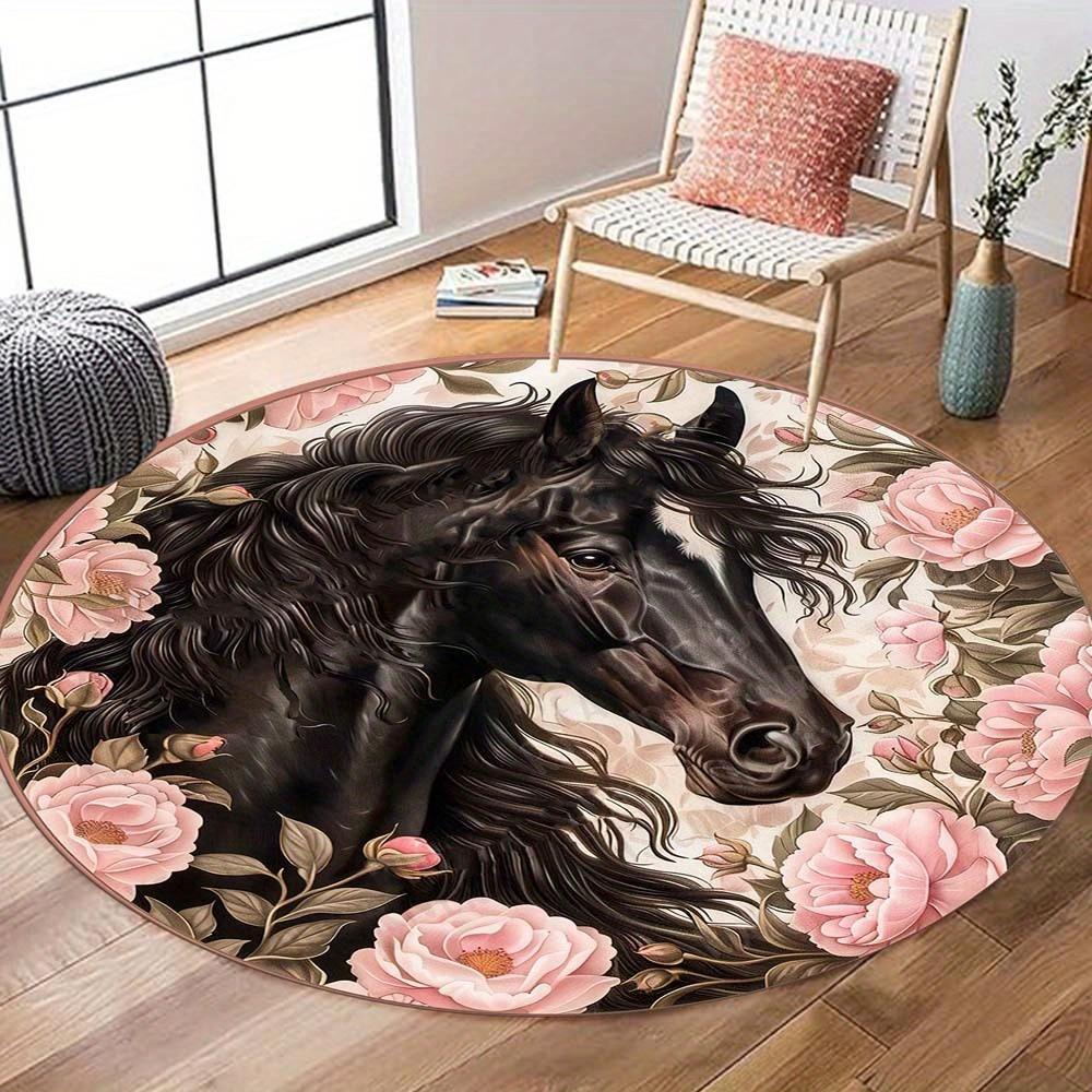 Black Horse Floral Round Rug Flancel Elegant Animal Print Floor Mat Living Room Bedroom Decor Rose Garden Soft Carpet Gift