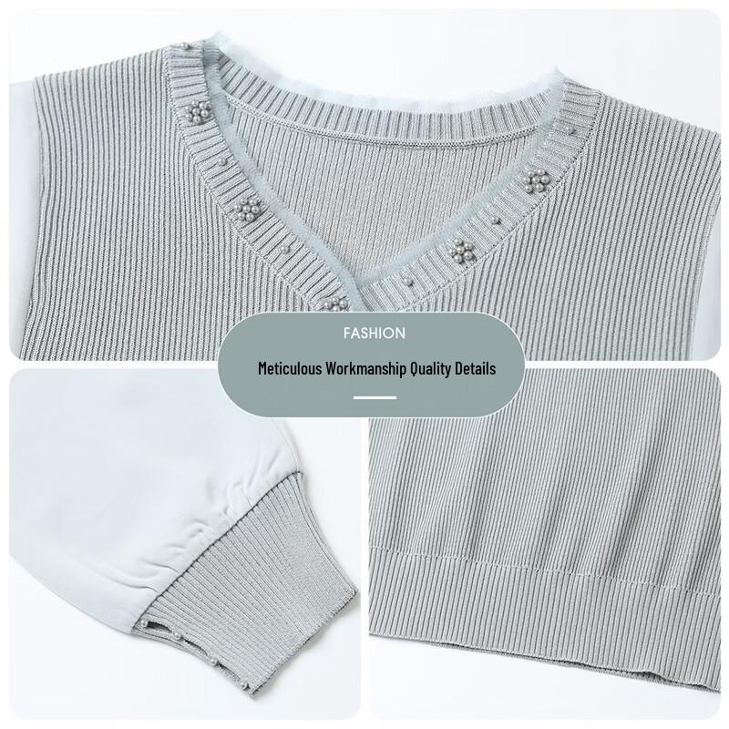 Hengyuanxiang Women's V-Neck Beaded Knit Long Sleeve T-Shirt