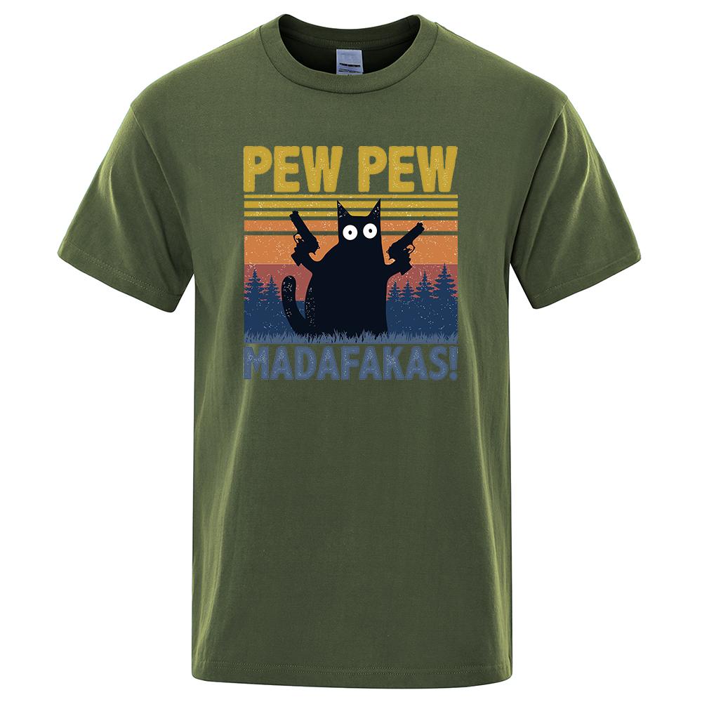 Pew Pew Madafakas Tshirt Men Short Sleeve Novelty Funny Cat T Shirt Vintage Summer Tops Shirts Tee T-Shirt Crew Neck Streetwear
