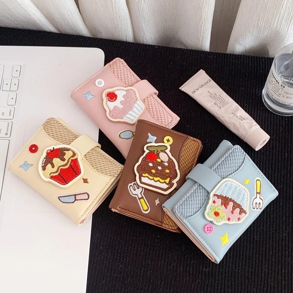 Cute Cartoon Cupcake Short Wallet Multi-card Slot Embroidery Coin Purses Leather Money Bag Women