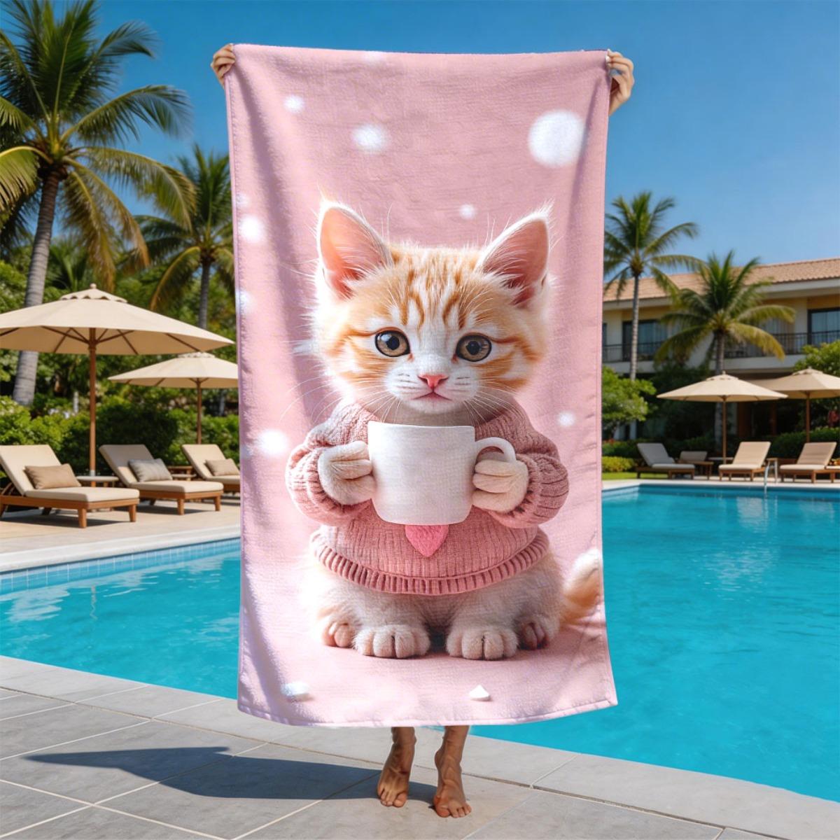 

Orange Cat Sweater Cup Holder Theme polyester microfiber beach towel is highly absorbent suitable for swimming and beach outings W30*H60(CM)
