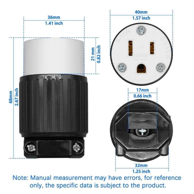 Industrial 2Pole Female Plug NEMA 5 15P Straight Blade 125V 15A Grounding Ergonomic Cord Outlet