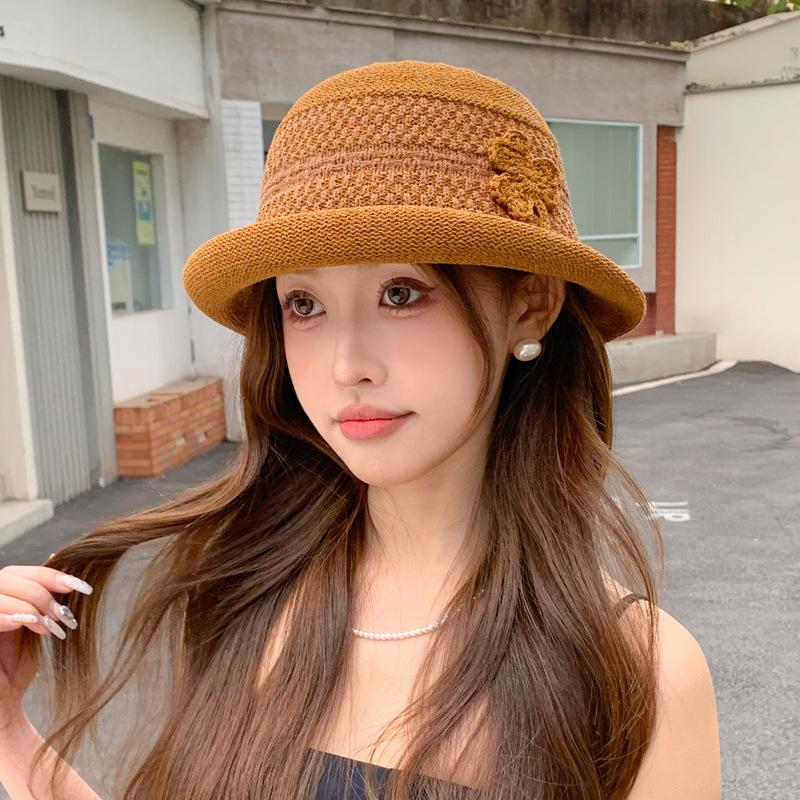 

Spring and summer outdoor sunscreen visor children knitted clover bucket hat literary retro warped sun hat One Size