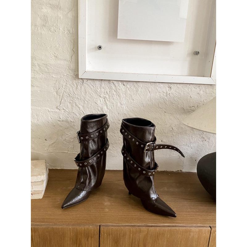 

2025 autumn European and American style rivet belt buckle wide tube pointed high heel boots 39 темно-коричневого