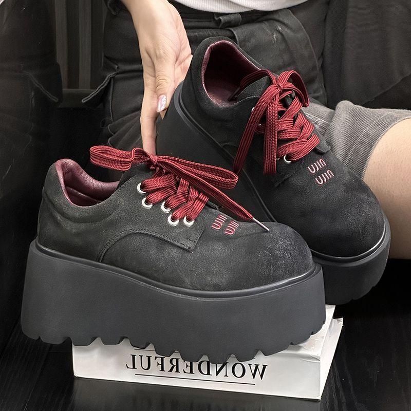 Fashion Frosted Cowhide Muffin Thick-soled Small Leather Shoes Women's Retro Polished Round Head Lace-up Small Height-enhancing Loafers