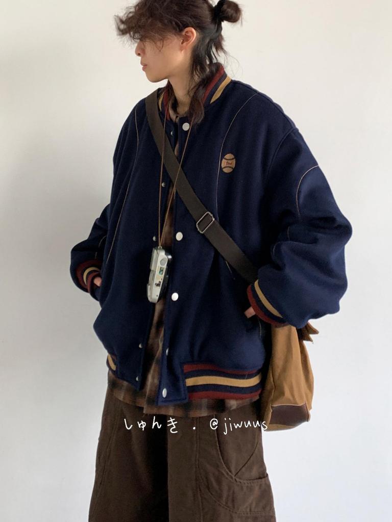 Unisex Japanese Retro Color Block Wool Baseball Jacket, Autumn/Winter Academy Style