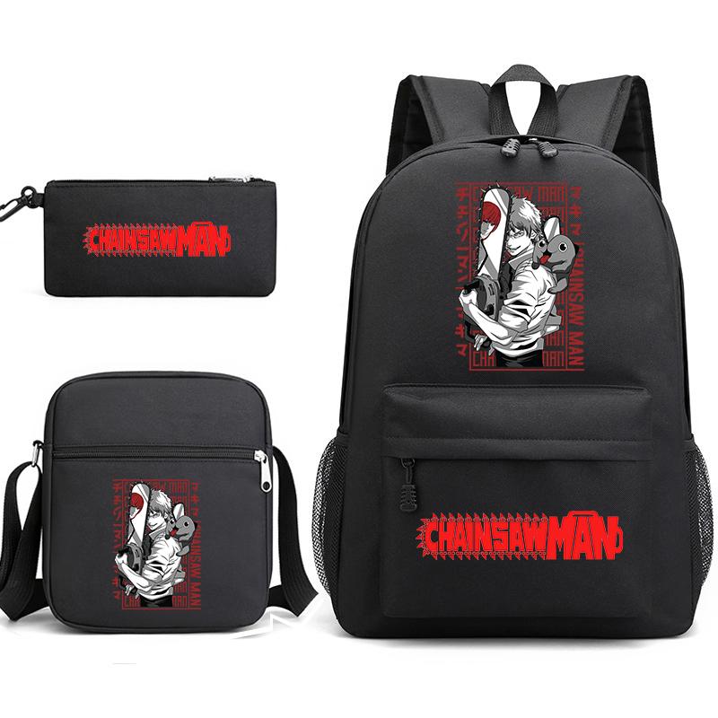 Chainsaw Man Print Student Backpack Set with Crossbody Bag and Pencil Pouch for Boys Girls Daily Use