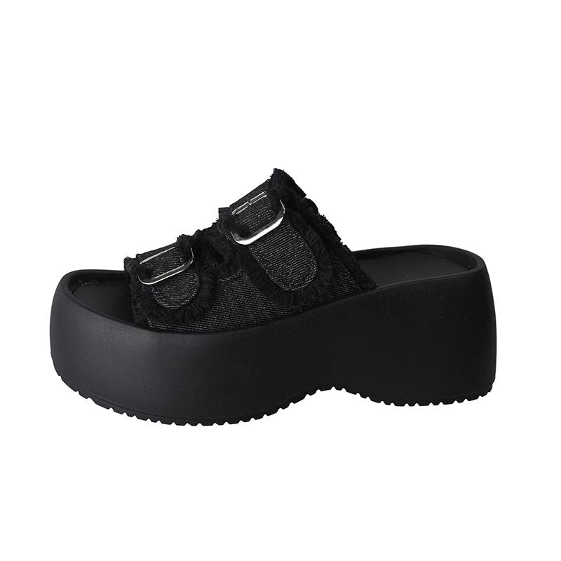 Fashion Platform Slippers Women Summer New Versatile Metal Buckle One Word Buckle Strap Casual Outside Wear Retro Fashion Cool Mopping