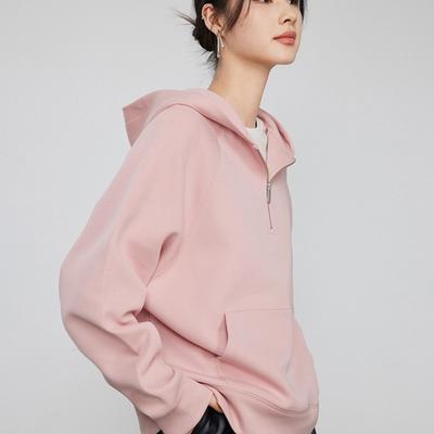 Gray Half Zipper Sweatshirt Women's American Retro Air Layer Top Autumn Hooded Loose Jacket