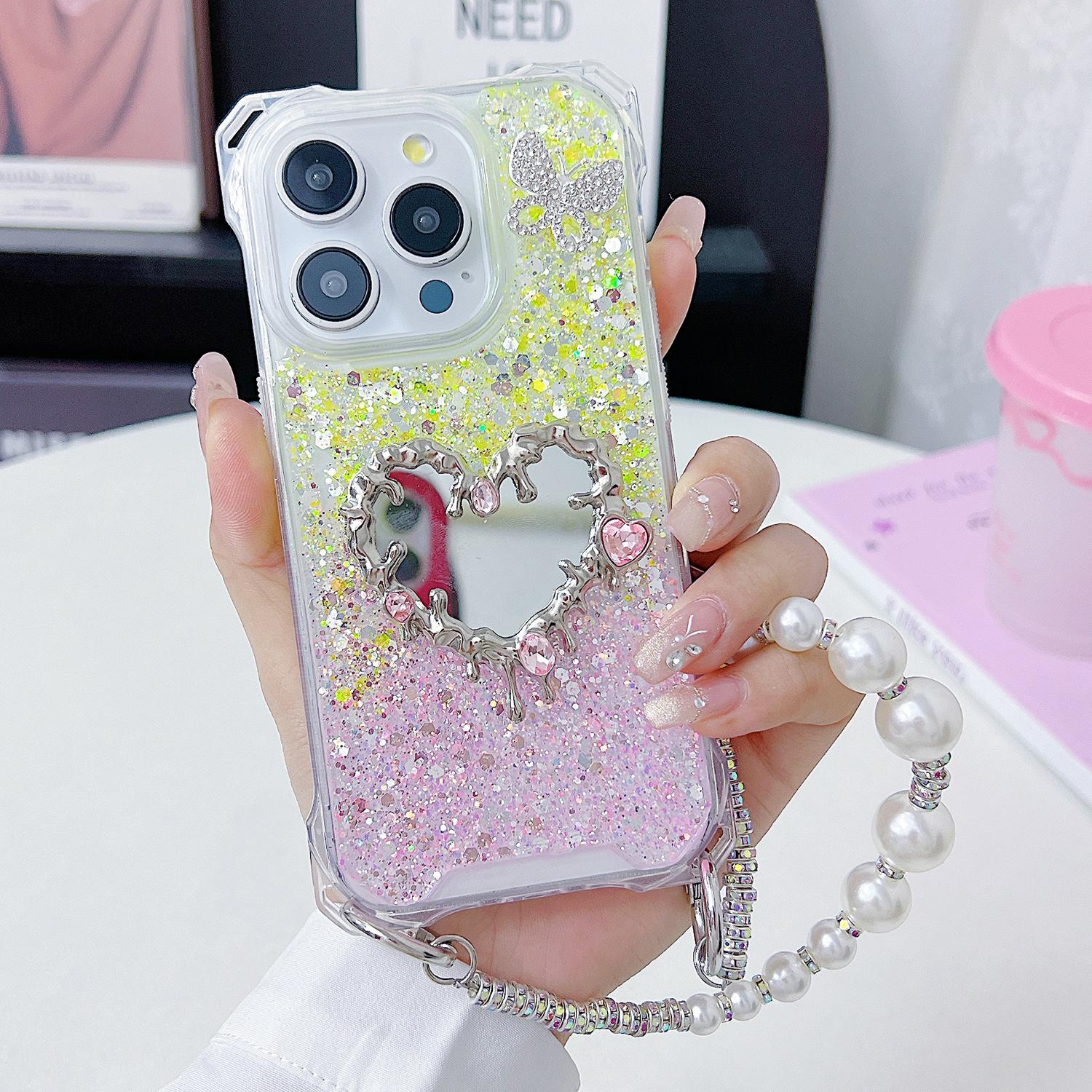 

For iPhone 15 Pro Max Case with Strap,Mirror Epoxy Glitter TPU+Acrylic Phone Back Cover Pink/Yellow
