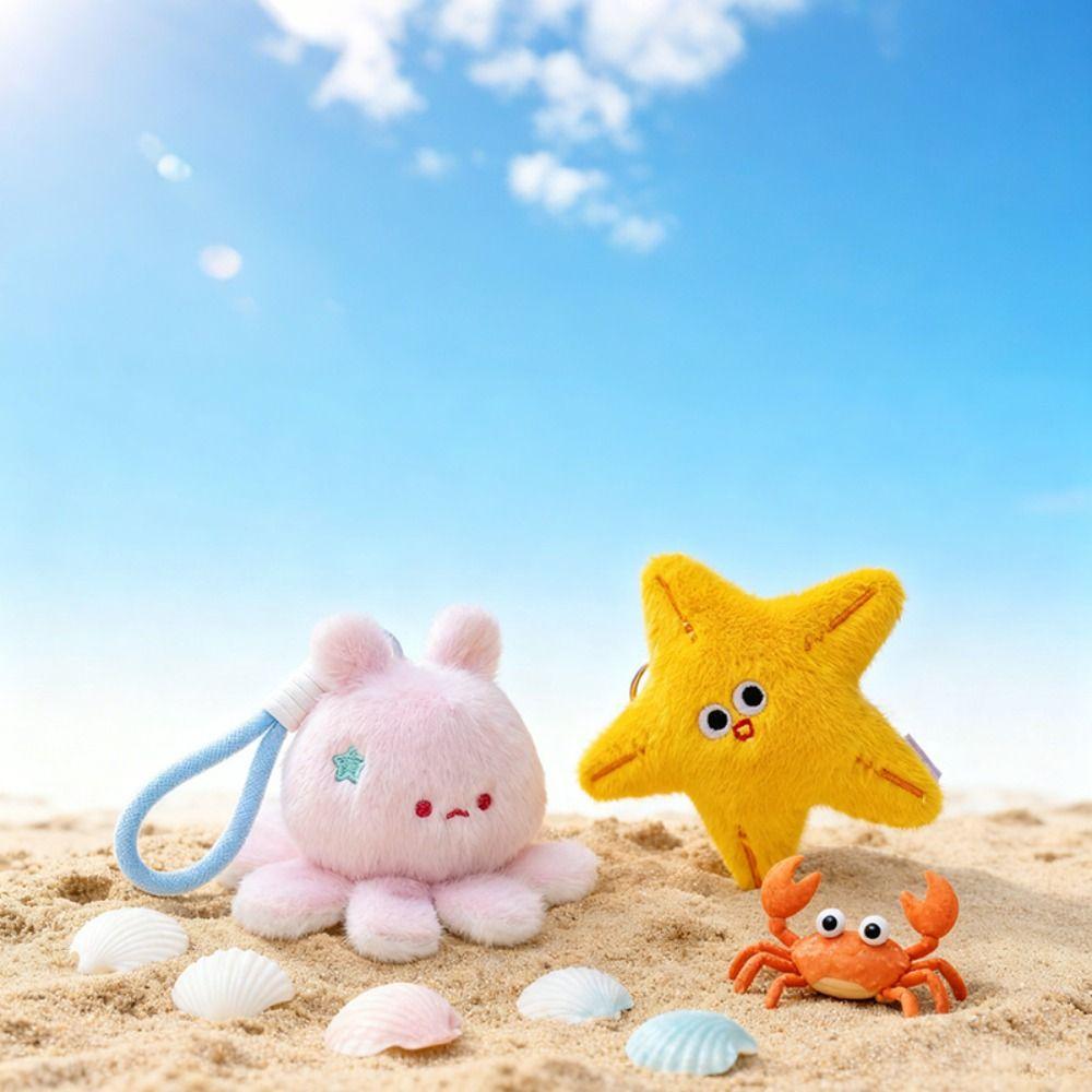 Starfish Ocean Animal Plush Keychain Soft Fluffy Whale Keyring Cute Seahorse Pendant  Birthday Gift