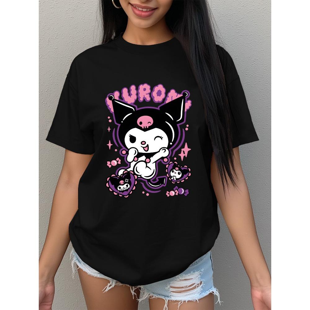 

Women s T-shirt - Cute Printed Crew Neck Short Sleeve Top, Casual Loose Fit XXS