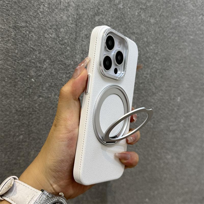 360 Metal Finger Ring Kickstand Magnetic Charging Case For iPhone 12 13 14 15 16 Pro Max Business Leather Metal Buttons Cover