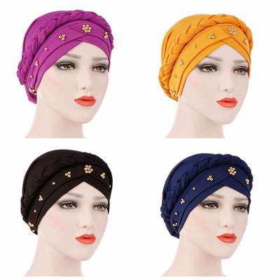 Chapeau musulman en soie de lait de couleur unie, perles bohème tressées élastiques pour femmes, bonnet indien doux
