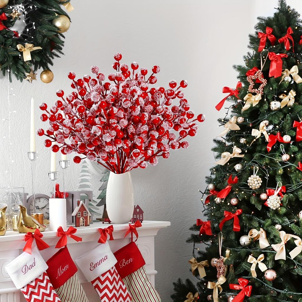 10'lu Paket Karla Kaplı Yapay Kırmızı Meyve Sapları, Karlı Noel Kırmızısı Sprey Dalları, Çoban İğdesi Dalı, Noel Ağacı Süslemesi Tatil İçin Uygundur