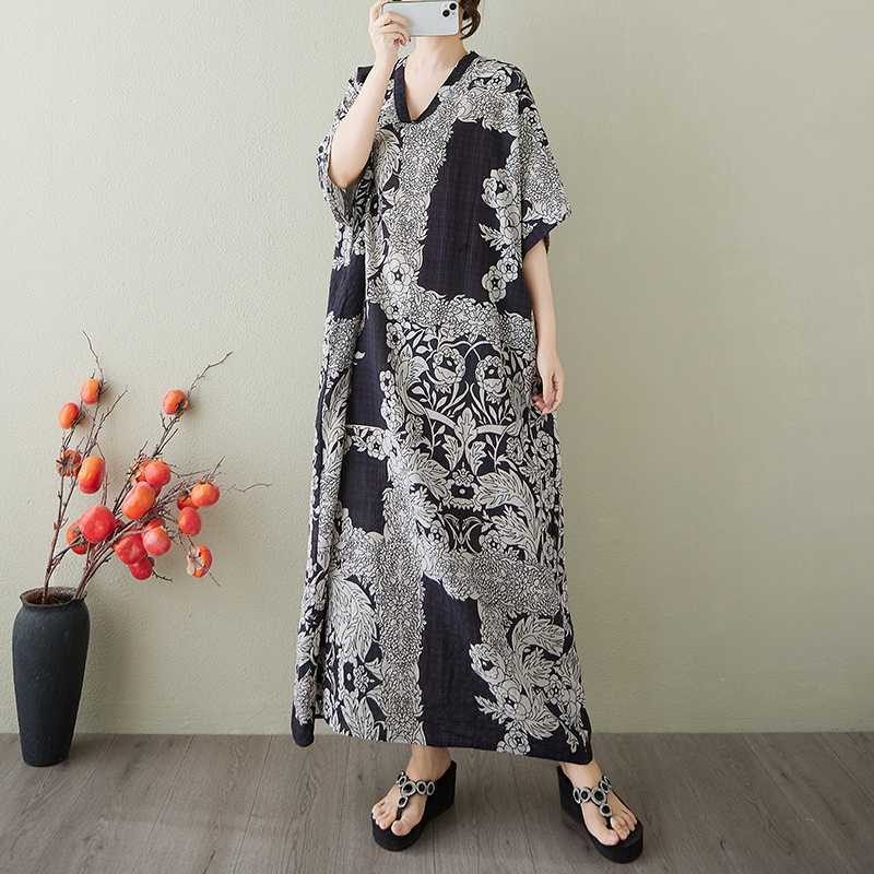 Women's Vintage Long Dress with Cotton and Linen Patterns