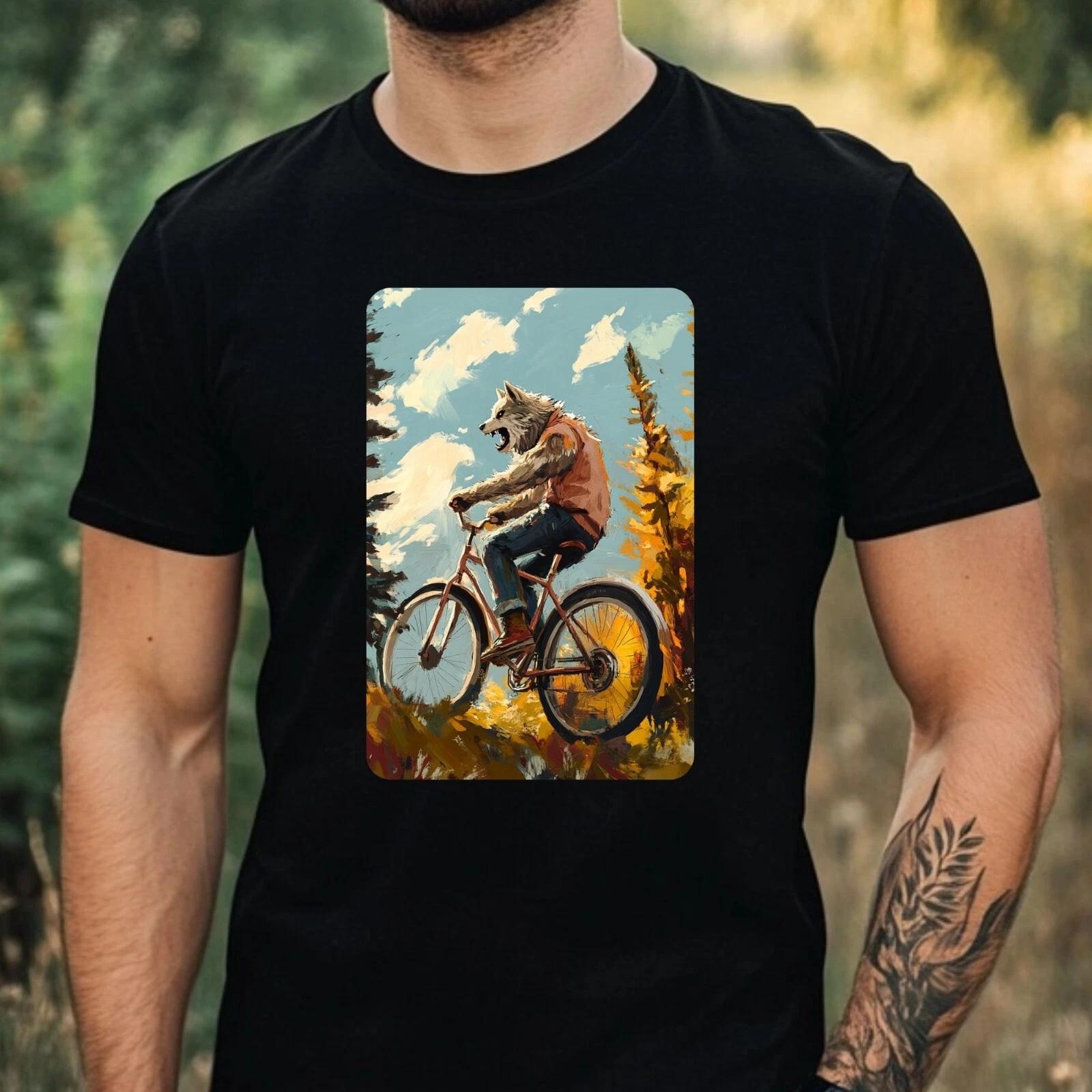 T-Shirt Herren Wolfsmann fährt Fahrrad Motiv Baumwolle Größe XS bis 5XL XXL