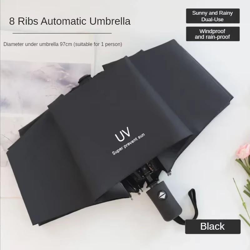 Automatic Rain & Sun Umbrella Black Coating Parasol Anti-UV 3 Folding Wind Resistant Auto Luxury Big Windproof Women Men 8Ribs