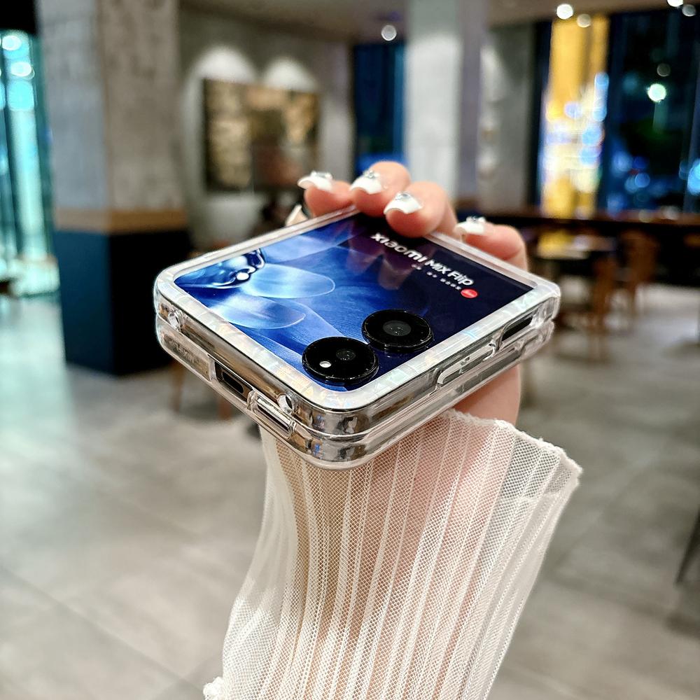 KEYSION Luxury Diamond Glossy Shell Pattern Case for Xiaomi Mix Flip Hard PC Women's Shockproof Phone Cover for Xiaomi Mix Flip