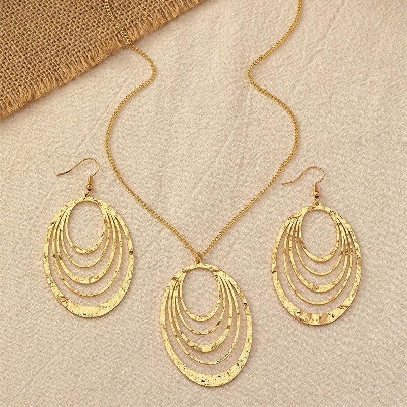 Necklace And Earring Sets For Women, Gold Chunky Charm Necklaces Three Layer Circle Pendant Bohemian Jewelry Metallic Style Gift