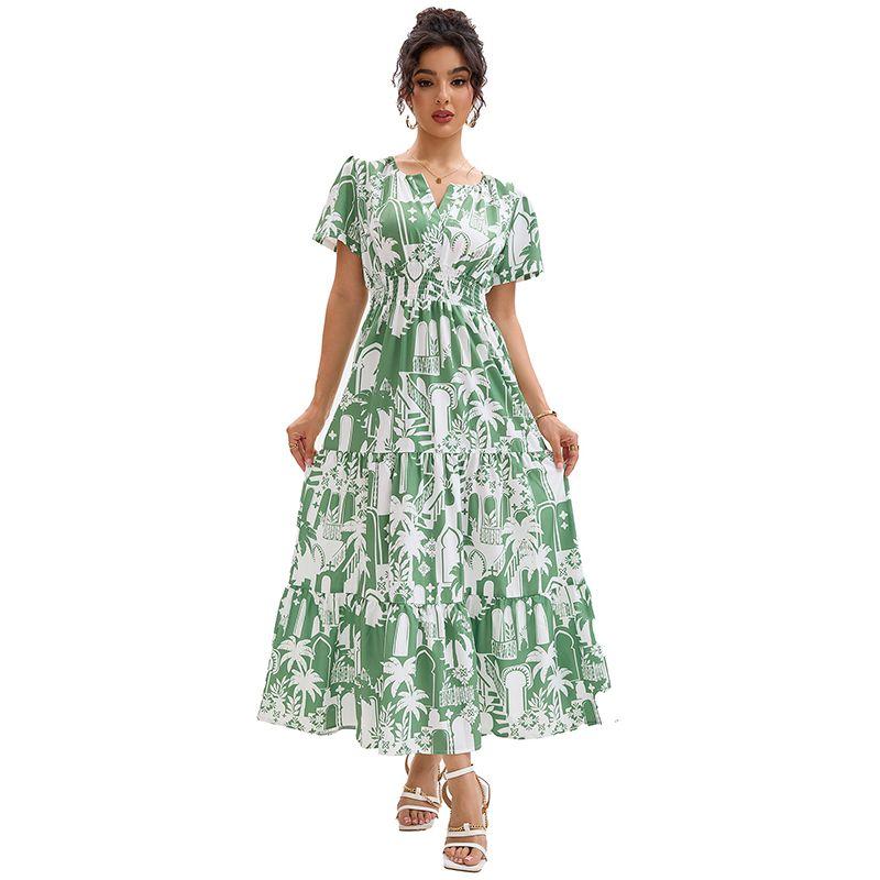 Cross-Border Holiday Style Coconut Tree Print V-neck Puff Sleeve Elastic Waist Hugging Slimming Patchwork Short Sleeve Dress Long Dress Women