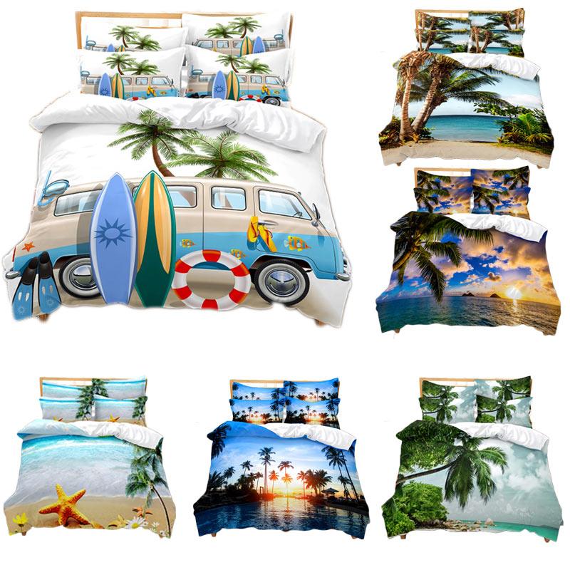 3D HD ložní souprava Queen Povlak na přikrývku Povlak na polštář Povlečení USA King Twin Full Double Single Bed Seaside Coconut Tree