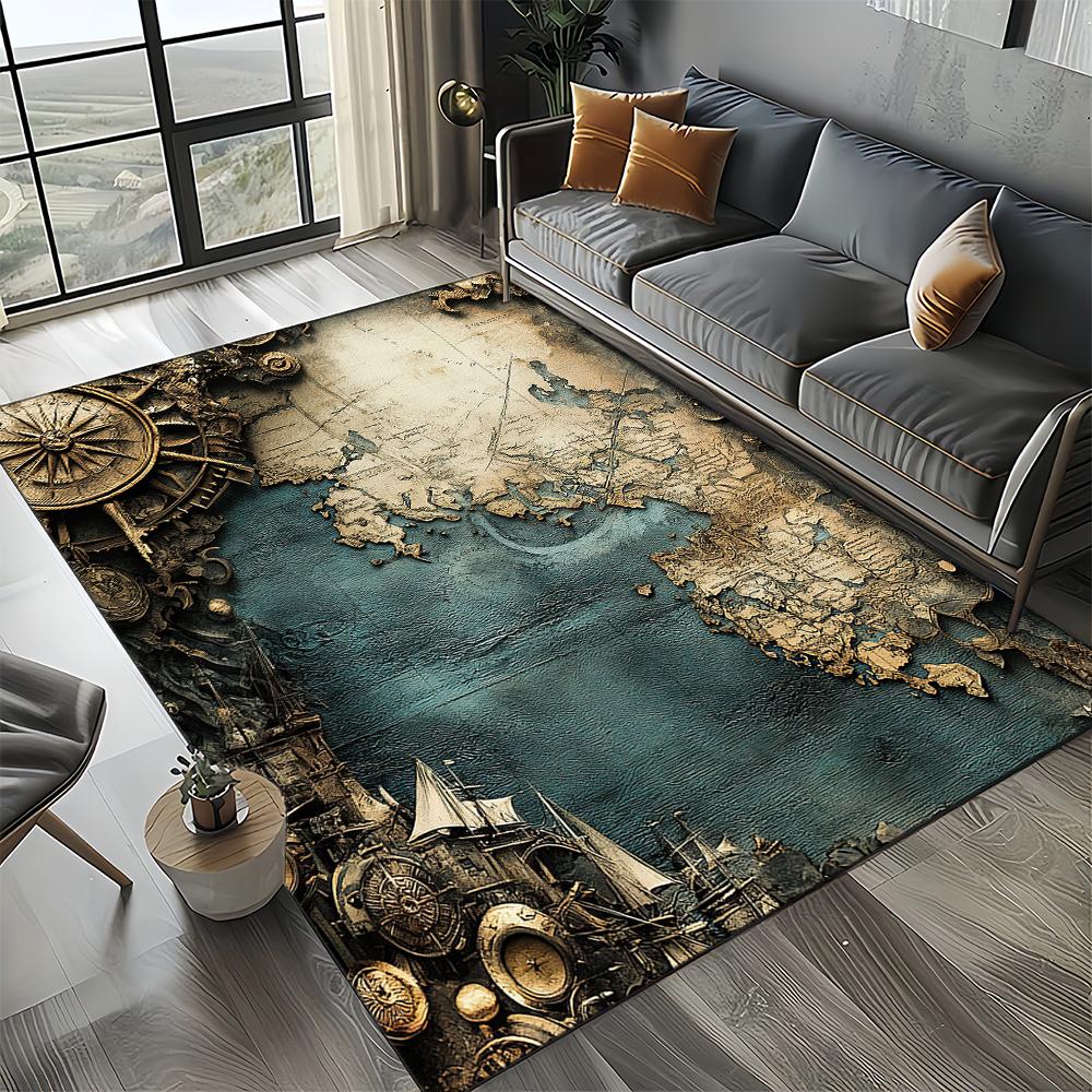 2025 New Style Retro Marine Nautical Chart Compass Carpet Rug for Home Living Room Bedroom Sofa Doormat Decor,Non-slip Floor Mat