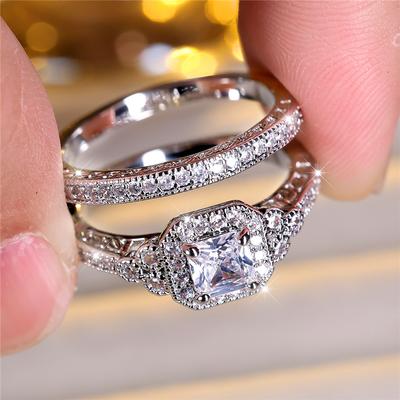 Female White Zircon Stone Engagement Ring Set Cute Silver Color Wedding  For Women