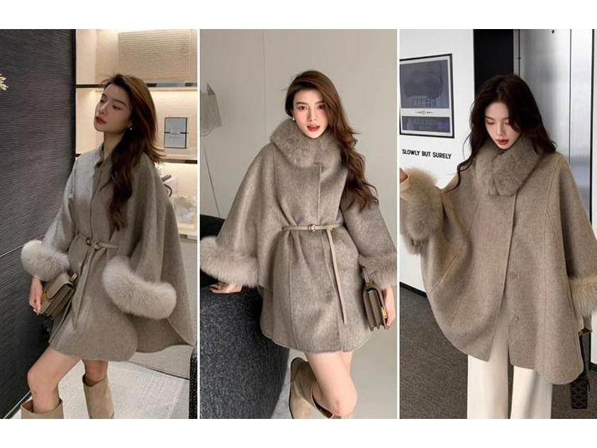 Cape Korean Shawl Wool Coat with Detachable Fur Collar - Women's Small, 2024 Autumn/Winter Fashion