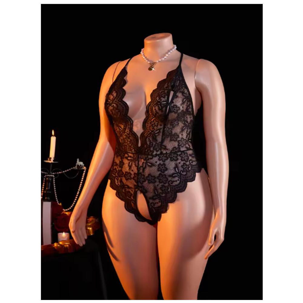 Sexy Crotchless Lingerie Women Lace Hollow Bodysuit Erotic Pajamas Teddy Babydoll Dress Deep V Open Bra Underwear Set Plus Size