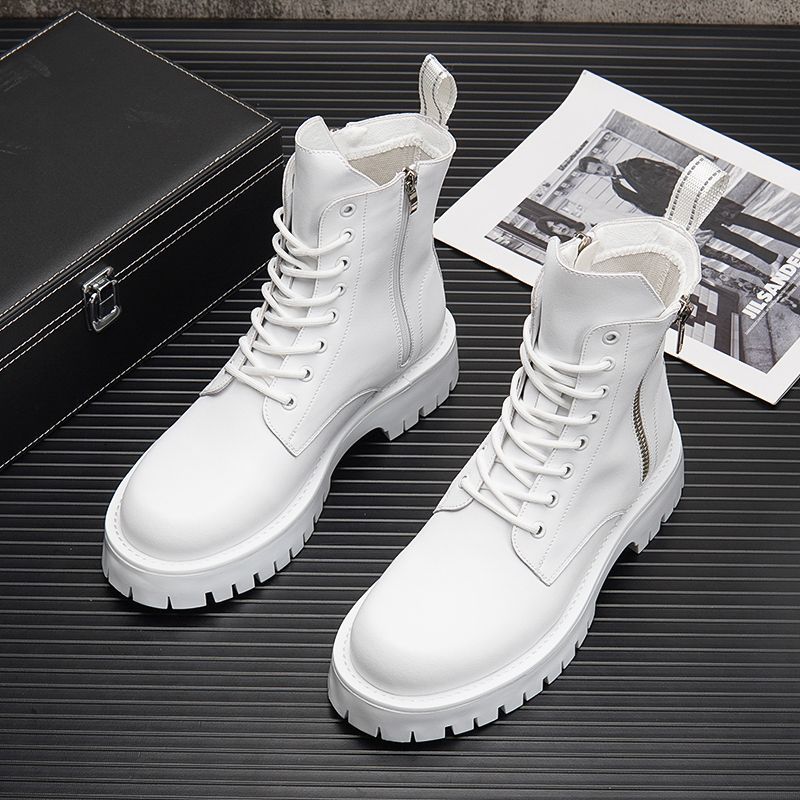 Mens Fashion Stage Nightclub Dress High Motorcycle Boots Black White Shoes Cowboy Genuine Leather Boot Platform Long Botas Male