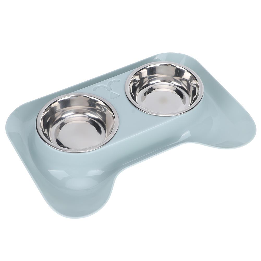 Stainless Steel Pet Cat Double Bowls Feeder Water Food Basin Feeding Supplyblue