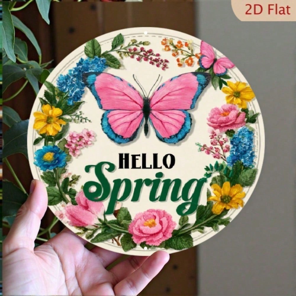 1pc Vintage Rustic Floral Wreath Metal Wall Art, 7.8x7.8 Inch Spring Butterfly & Foliage Aluminum Sign, 2D Flat Round Outdoor Home Decor