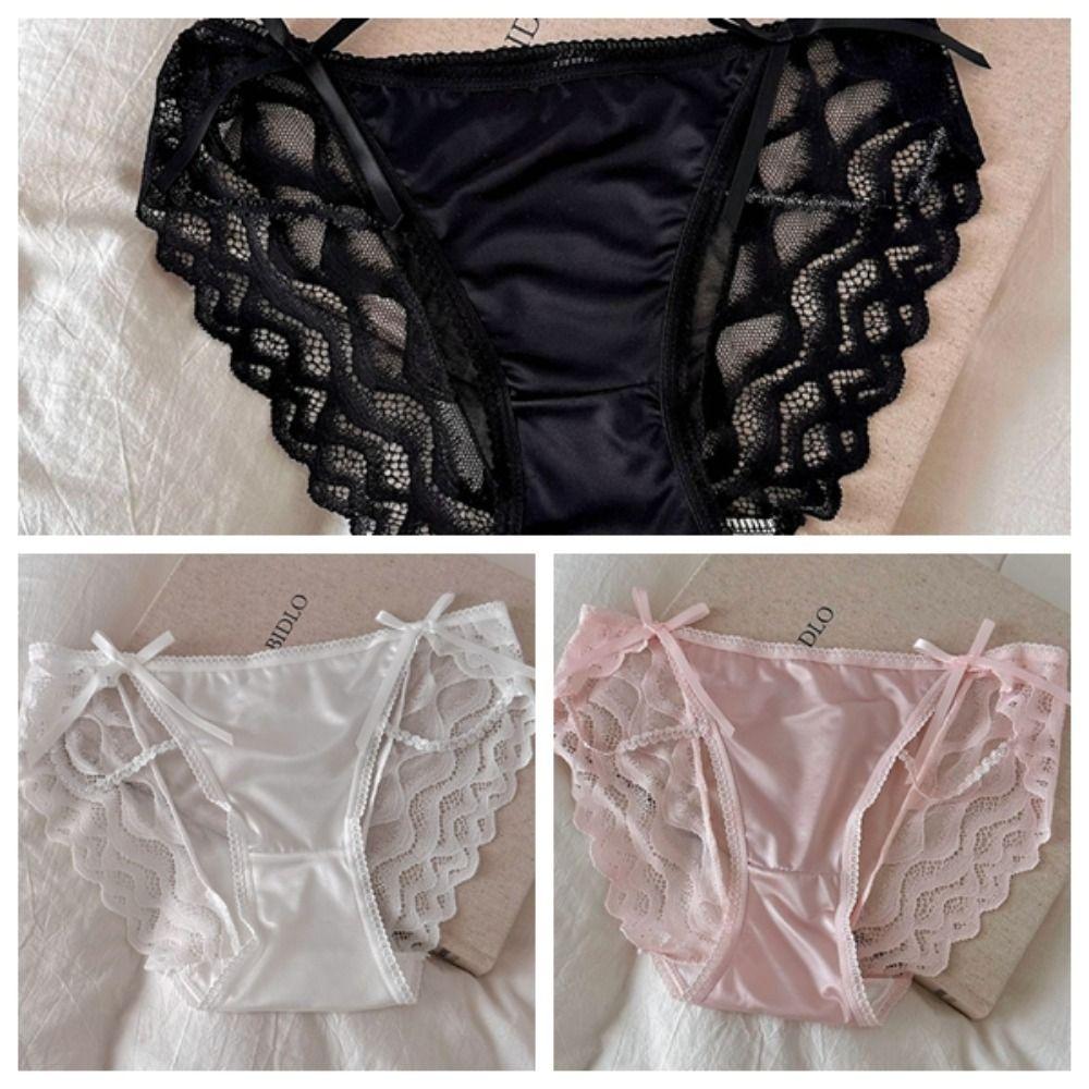 Bow Lace Flower Panties Transparent Women Underwear Sweet Lace Mesh Briefs Gifts