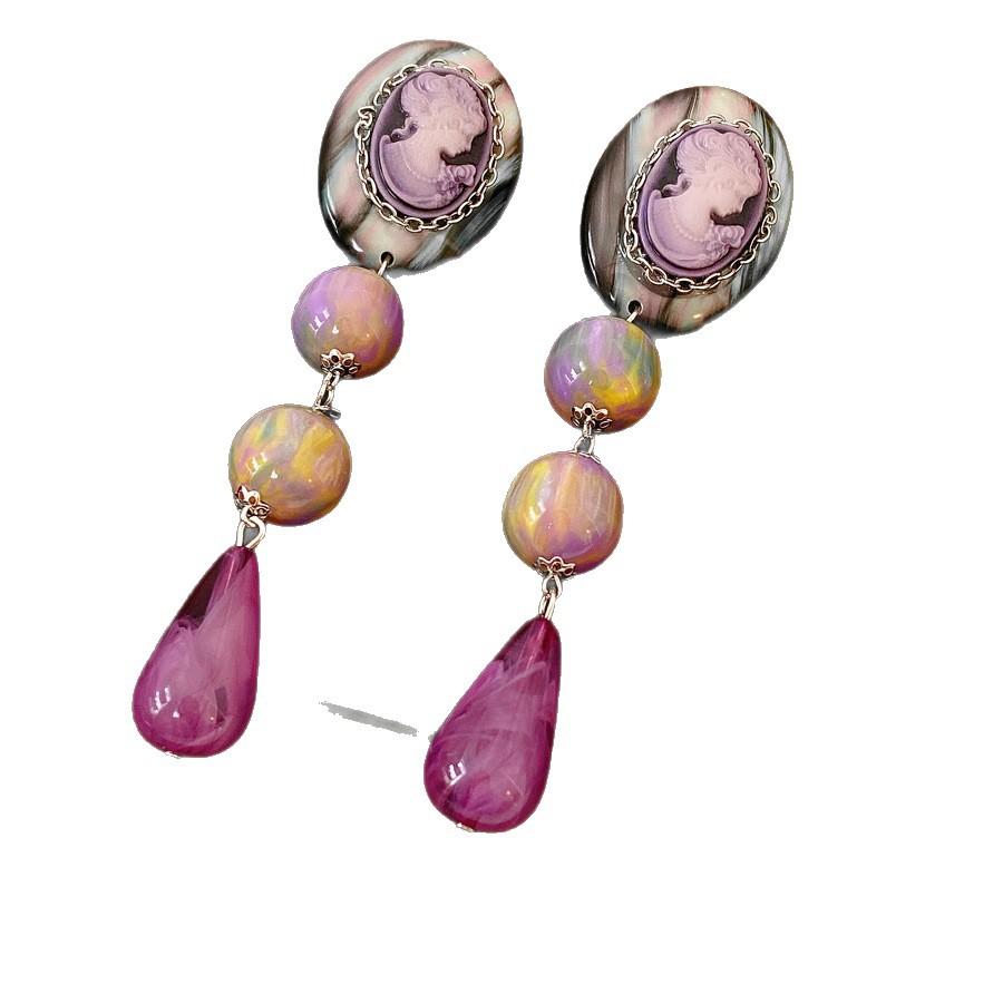 Silver Needle Diamond Oval Pendant Fringed Earrings Medieval Vintage Court Style Stud Earrings Light Luxury Retro Earrings