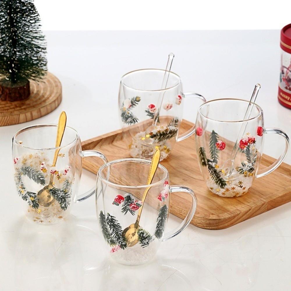 Insulated Double Christmas Glass Cups Exquisite Heat Resistant Beverage Milk Glasses 350ml With Handle Clear Flower Coffee Mug