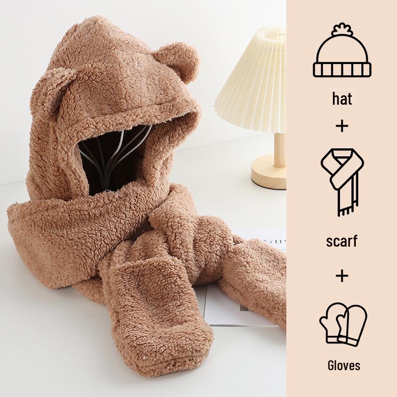 Korean-Style Cute Bear Plush Hat & Scarf Set for Women - Cozy Autumn/Winter Wear