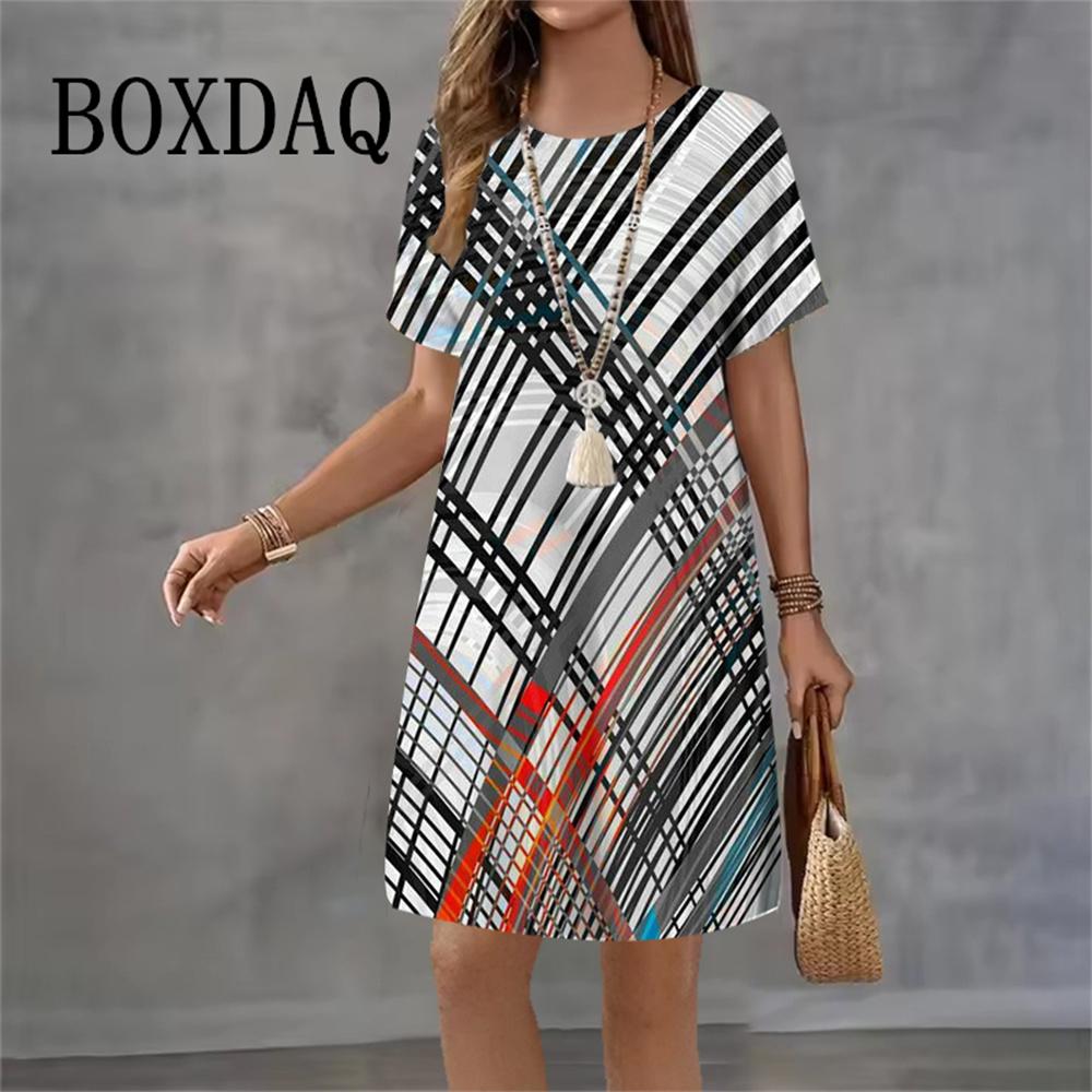 Tie Dye Geometric Gradient Dresses For Women New Summer Fashion 3D Print Short Sleeve Loose Dress