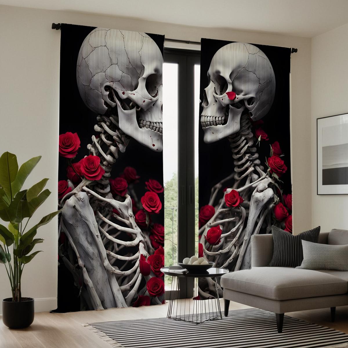 

2 шт. HD Череп Роза Пара занавеска Черный галстук цифровой печатный занавес Домашний декор стиль Украсьте гостиную Спальня Носите штангу cu W52H63inchW132H160cm